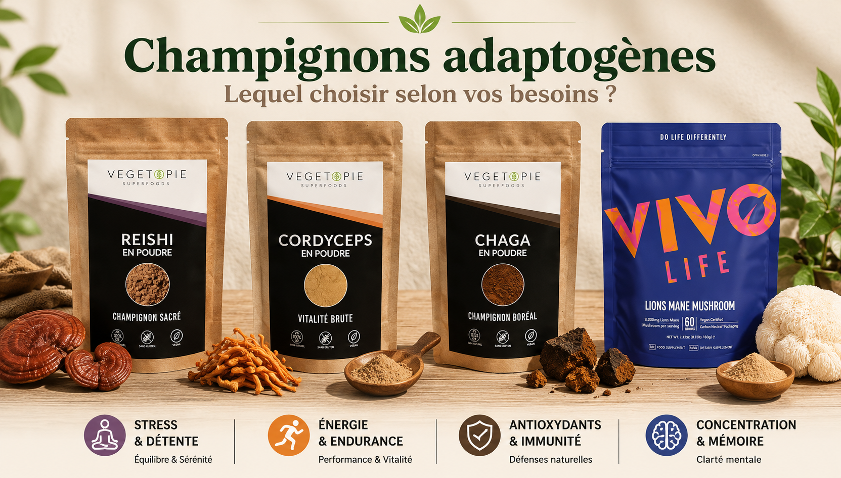 Champignons adaptogènes Reishi Cordyceps Chaga Lion's Mane bienfaits et utilisation